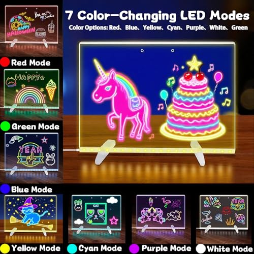 2026 LED Drawing Board for Kids Ages 6+, 2 Pack 13.7"x9.75" Plug-in Light Up Dry Erase Note Boards with Colors, 7 Color Mo...