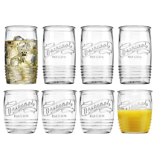 Glaver's Original Mason Set of 8 Drinking Glasses 4-20 Oz Highball Glasses, and 4-13 Oz Whiskey Glass Cups For Everyday Ho...