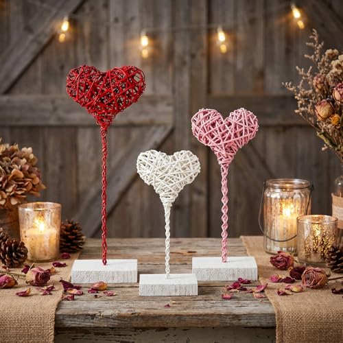 Thyle 3 Pcs Valentines Day Rustic Heart Table Sign Decor Rattan Woven Handmade Love Tall Standing Heart Block Set for Home...