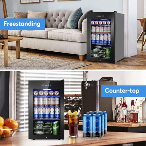 FoMup Beverage Refrigerator 17 inch Wide - 126 Can Beverage Cooler with Glass Door | Counter-Top/Freestanding Mini Beverag...