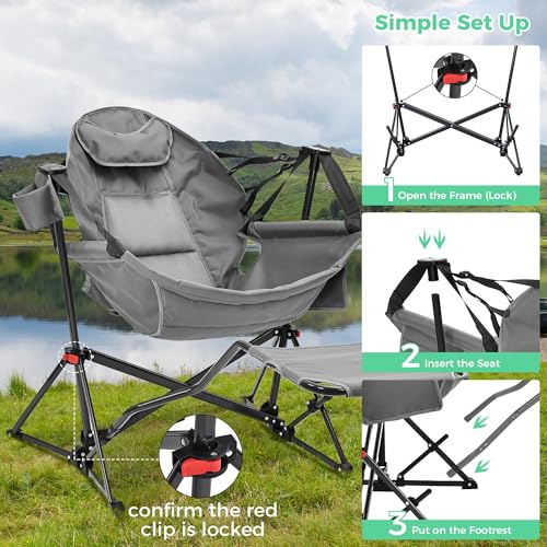 Ainfox Hammock Camping Chair with Footrest, Foldable Portable Rocking Chairs for Adults Swinging Camp with Cup Holder Pill...