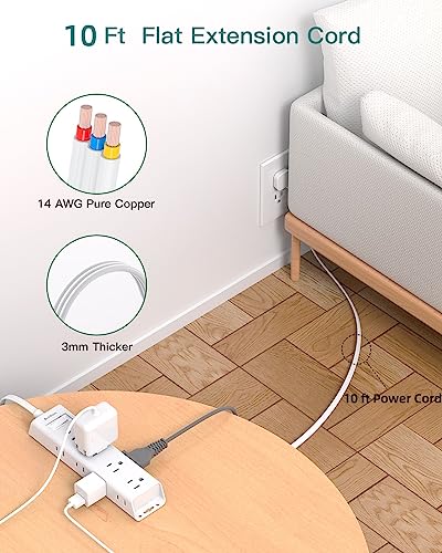 10FT Extension Cord - Power Strip Surge Protector, Flat Plug, Addtam 12 Widely Outlets 3 Sides Outlet Extender, 900J, Wall...