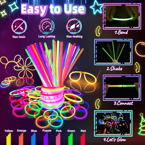 HONLYNE Glow in the Dark Supplies for Kids Adults, Light Up Party Favors, 56 LED Light Up Toys, 100 Glow Sticks Bulk Party...