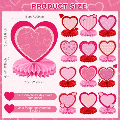 Containlol 12 Pcs Valentine's Day Honeycomb Centerpieces Valentines Table Decorations 3D Paper Red Pink Heart Valentine Ta...