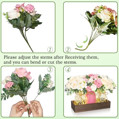 BLEUM CADE Centerpiece Table Decorations - 3Pcs Roses Artificial Flowers in Mason Jars with Wood Tray for Dining Table Cof...