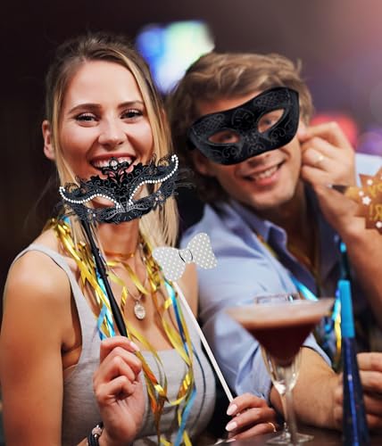 SIQUK Couple Masquerade Masks with Stick Venetian Party Mask Halloween Costume Carnival Mask for Couples Women and Men