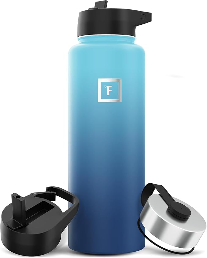 IRON °FLASK Camping & Hiking Hydration Flask with Straw, Wide Mouth Insulated Stainless Steel Sports Water Bottle - 40 oz Blue Waves