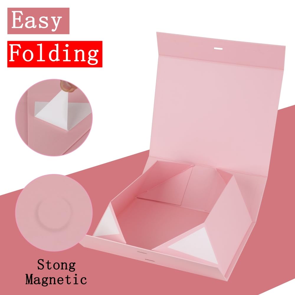 Skivra Large Pink Gift Box with Ribbon - 16.5x13x5.3 Inch Extra Large Collapsible Luxury Gift Box for Mother's Day with Magnetic Closure & Shredded Paper Filler