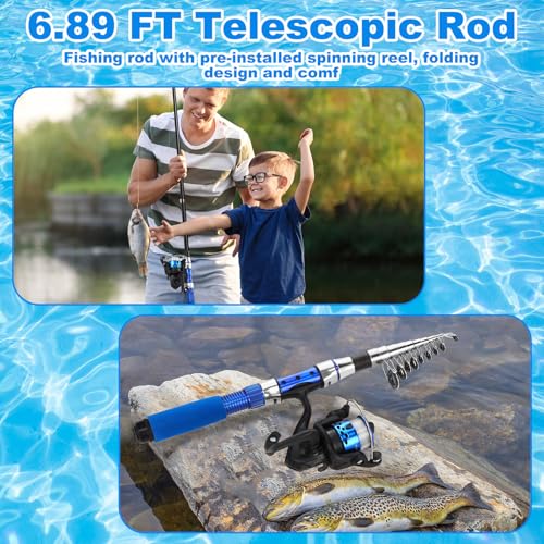 LaRandom 51 Pcs Christmas Fishing Pole Combo 6.89ft Telescopic Rods Set Collapsible Fishing Rods with Plier Lip Gripper Lu...