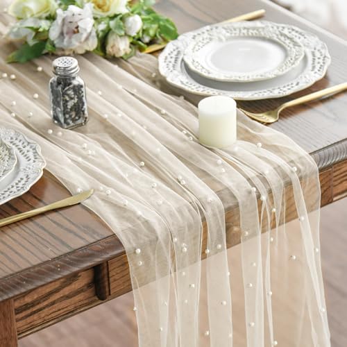 Artoid Mode Pearl Beige Gauze Table Runner 120 Inch 10FT, Seasonal Sheer Dining Holiday Wedding Birthday Baby Shower Table...