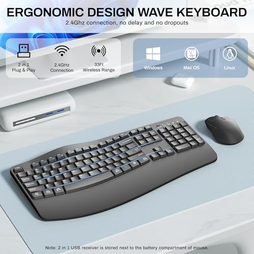 Wireless Keyboard and Mouse Combo,2.4G Full Size Wave Keys Ergonomic Keyboard with Wrist Rest for Natural Typing, 3 DPI Ad...
