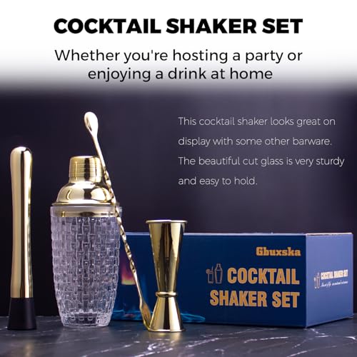 Gbuxska Gold Cocktail Shaker Set - Glass Cocktail Shaker with Strainer - Martini Shaker Set -Matching Cocktail Jigger & Ba...