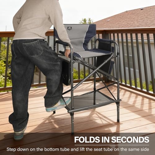 LANMONTAIN Folding Tall Director Chairs,30.7'' Seat High Makeup Solan Chairs,Portable Camping Chair w/Side Table Functiona...