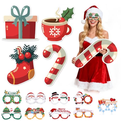 Thyle 13 Pcs Christmas Photo Booth Props Large Candy Cane Decorations Gift Box Stocking Christmas Party Decorations Paper ...
