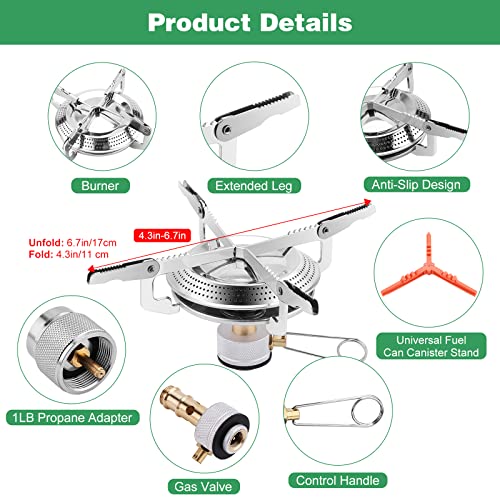 WADEO Portable Camping Stove Burner, Backpacking Stove with 1LB Propane Tank Adapter, Fuel Can Canister Stand and Carry Ca...
