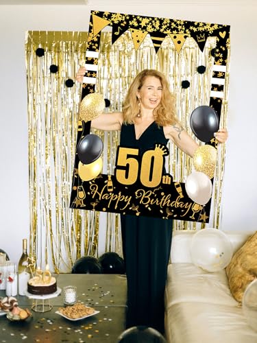 LaVenty Black Gold Glitter 50th Birthday Party Photo Booth Props 50th Birthday Photo Frame Birthday Photo Frame Birthday P...