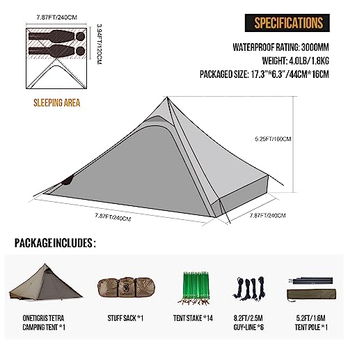 OneTigris Tetra Ultralight Tent Tipi 1-2 Person with Inner Tent, Tent Pole, Trekking Pole Tent, Waterproof 3 Season, Ideal...