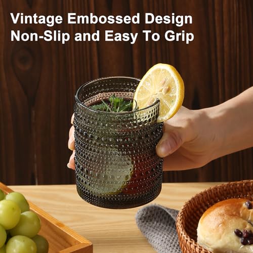 ZMOWIPDL Vintage Hobnail Drinking Glasses Set of 8,Grey 12 oz & 15oz Highball Glass Cups, Kitchen Drinkware Glassware,Embo...