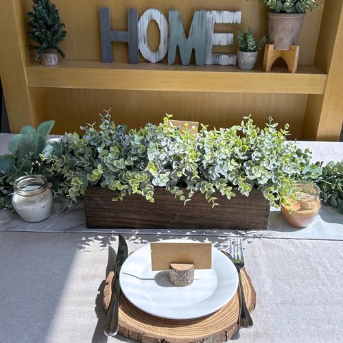 Winlyn 14" Artificial Eucalyptus in Rectangular Wood Planter Box Faux Plants Arrangement Centerpiece Wooden Potted Eucalyp...