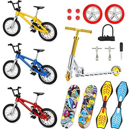 Sumind 18 Pcs Mini Finger Toys Set Includes Finger Skateboards, Bikes, Mini Scooters and Matched Wheels and Tools Accessories Fingertip Movement Educational Toys for Christmas Kids Gifts Party Favors