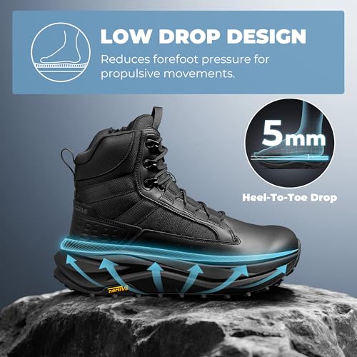 NORTIV 8 Men's Wide Toe Box Work Military Tactical Boots Barefoot Hiking Low Drop Leather Side Zipper Motorcycle Combat Bo...