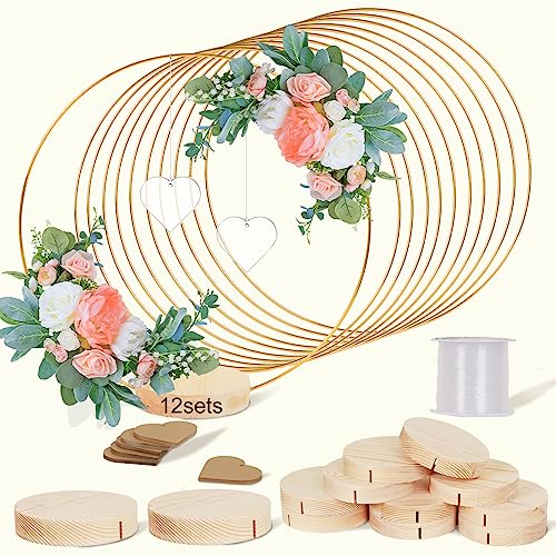 GUDELAK 12 Set 12 Inch Floral Hoop Centerpiece Table Decorations with 2 Heart Shaped Acrylic, Gold Wedding Centerpieces wi...