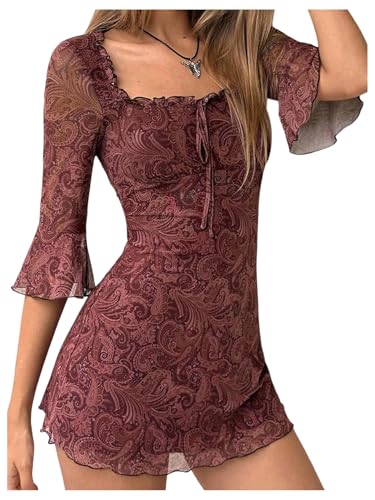 Verdusa Women's Vintage Paisley Bodycon Dresses Boho Western Flounce Sleeve Mini Dress Festival Outfits