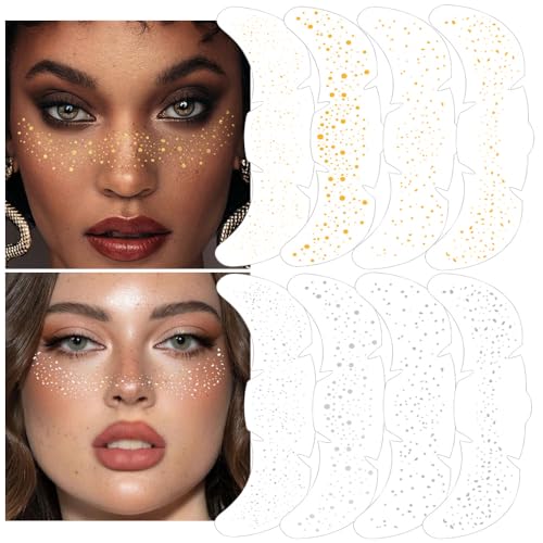 XZMeiLun 8Ps Face Glitter Speckles Patches, 2Colors 4Styles Glitter Freckles Face Tattoo, Glow Up Makeup Patches, Cute Gli...