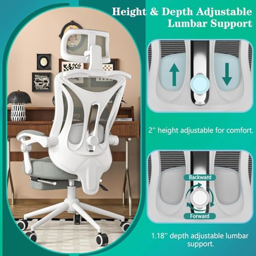 Ergonomic Office Chair with Footrest - Adjustable Lumbar Support & Headrest, 90-160° Reclining Mesh Back Computer Chair - ...