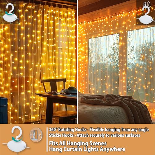 HXWEIYE 300LED Fairy Curtain Lights, 9.8x9.8Ft USB Plug-in 8 Modes Christmas String Hanging Lights with Remote for Bedroom...