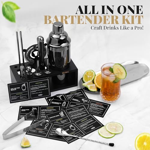 Black Stainless Steel Cocktail Shaker Set with Wood Stand - 15 Piece Bartender Kit with Drink Shaker, Bar Spoon, Jigger, M...