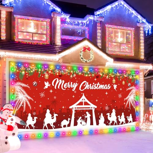 RUMIA Christmas Religious Garage Door Banner Decoration Large Merry Holy Cover with LED Lights Strings Backdrop for New Ye...
