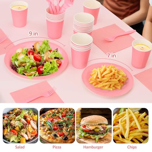 CENLBJ Pink Paper Plates and Napkins, Disposable Party Supplies, 50 of Each 9’’ Pink Plate, 7’’ Dessert Plates Napkins Cup...