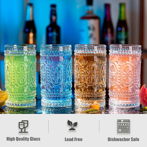 Claplante Vintage Drinking Glasses Set - 12 Pcs Romantic Highball Tumblers, 15oz Cups for Water, Mojito, Cocktail, Whiske...