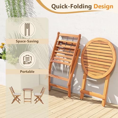 Tangkula 3 Piece Patio Wood Bistro Set, Folding Table Chair Set w/Soft Seat Cushions, Acacia Wood Frame, High-Back Portabl...