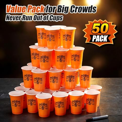 Yungyan 50 Pcs March Basketball Madness Party Plastic Cups, Let The Madness Begin Decorations, 16 oz Disposable Plastic Cu...