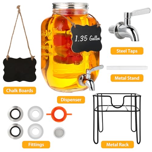 Drink Dispenser 1.35 Gallon Glass Beverage Dispenser with Stand & Stainless Steel Spigot, Drink Dispensers for Parties wit...