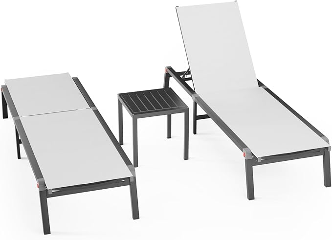 WOAJNQO Aluminum Patio Chaise Lounge Chair Set of 2 with Side Table,5-Position Adjustable Backrest,Foldable Lounge Chair Outdoor,Pool Lounge Chairs for Poolside,Lawn,Deck,Beach (White, 2 Pack+Table)