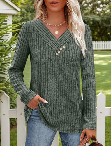 Lightweight Sweaters for Women V Neck Sweatshirts Tunic Tops with Buttons Fall Fashion Outfits Winter Clothing 2025