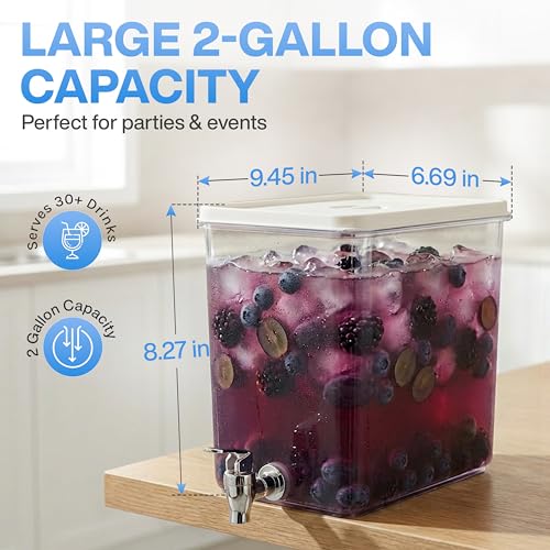 Cube Drink Dispenser for Parties (2 Gallon) Large Plastic Square Beverage Dispensers for Counter Tops & Refrigerator, No M...