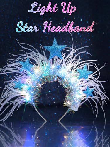 Woeoe Ligth Up Stars Headband Led Glowing Hair Bands Party Rave Costume Feather Hair Accessories for Women