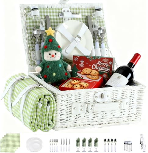 YPshuye Picnic Basket Set for 4 with Waterproof Blanket Mat Insulation Bag Wicker White Green Plaid Classic Fresh Gift for...