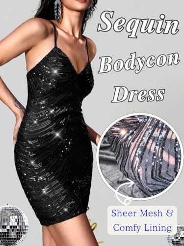 Kaei&Shi Sequin Mini Dress,V Neck Spaghetti Strap Sparkly Prom Dresses for Women,Sexy Birthday Outfit HOCO Cocktail Nye Party