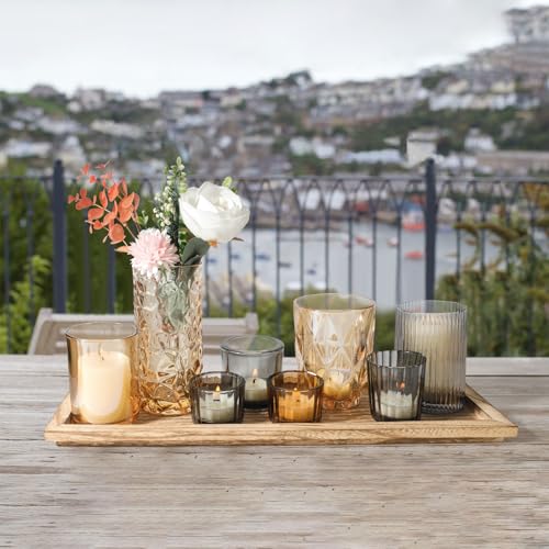 Rustic Wooden Tray with 8 Brown Glass Votive Candle Holders, Decorative Tea Light Holder Set for Mantel, Centerpiece, Dini...