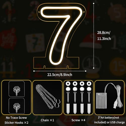 Number 7 LED Neon Sign Backdrop Birthday Party Decoration, 11.3" Height Warm White Marquee Numbers Seven Light Up Sign for...