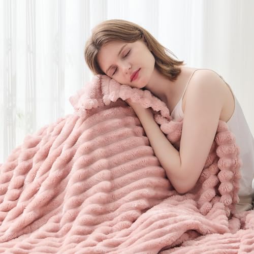 NEWCOSPLAY Super Soft Throw Blanket Pink Premium Silky Flannel Fleece 3D Ribbed Jacquard Lightweight Bed Blanket All Seaso...