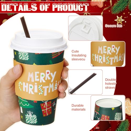 Sunnychicc 120 Sets Christmas Coffee Cups with Lids and Sleeves Stirrers Christmas Disposable Hot chocolate Cocoa Paper Cu...