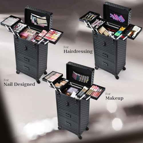 Stagiant Rolling Makeup Case with Drawers Cosmetology Case on Wheels 4 IN 1 Makeup Case 3 Drawers with Foot Stand Spring-release Mechanism Rolling Make Up Organizer for Artist Salon Nail Teach Trunk
