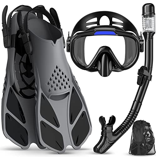 Ubekezele Snorkeling Gear for Adults Men Women,4 in 1 Snorkel Set with Panoramic View Diving Mask Anti-Fog Anti-Leak,Dry T...