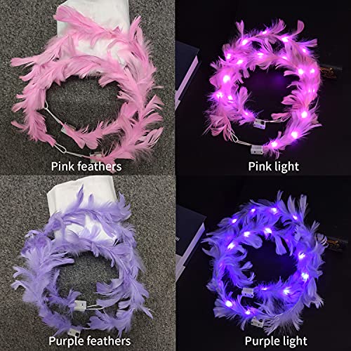 6 Pack Flower Crown, Feather Crown Headband Luminous with 10 LED Lights, Light Up Headdress with Color Changing LED Light...